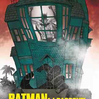 Edificio Batman inquietante con finestra skull e atmosfera dark in stile fumetto.