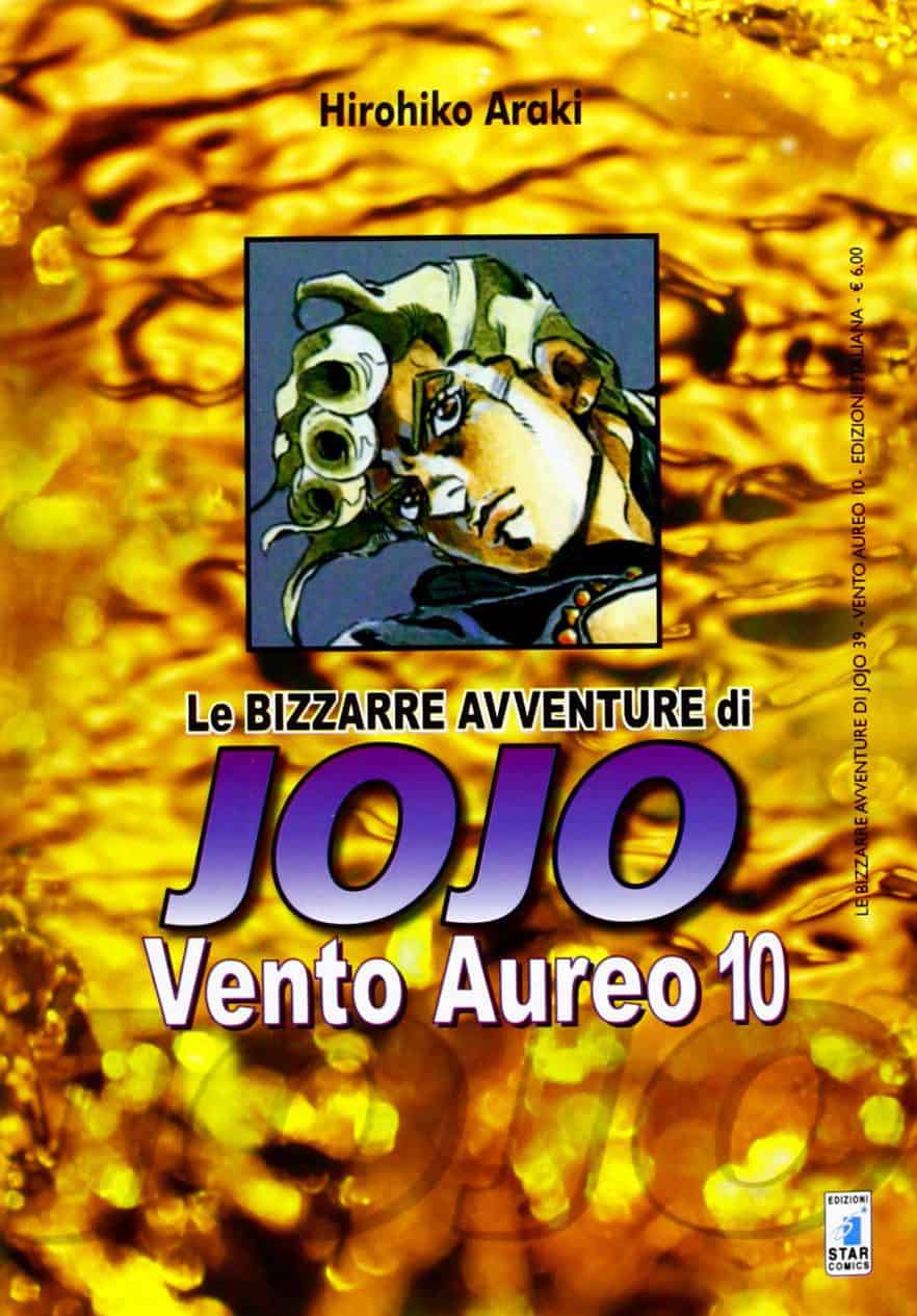 Copertina di Jojo Vento Aureo 10, fumetto con personaggi bizzarri e di confronto.