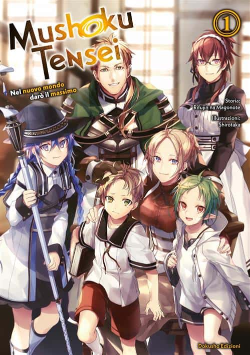 Illustrazione manga Mushoku Tensei nel nuovo mondo, personaggi e stile artistico; copertina volume 1.