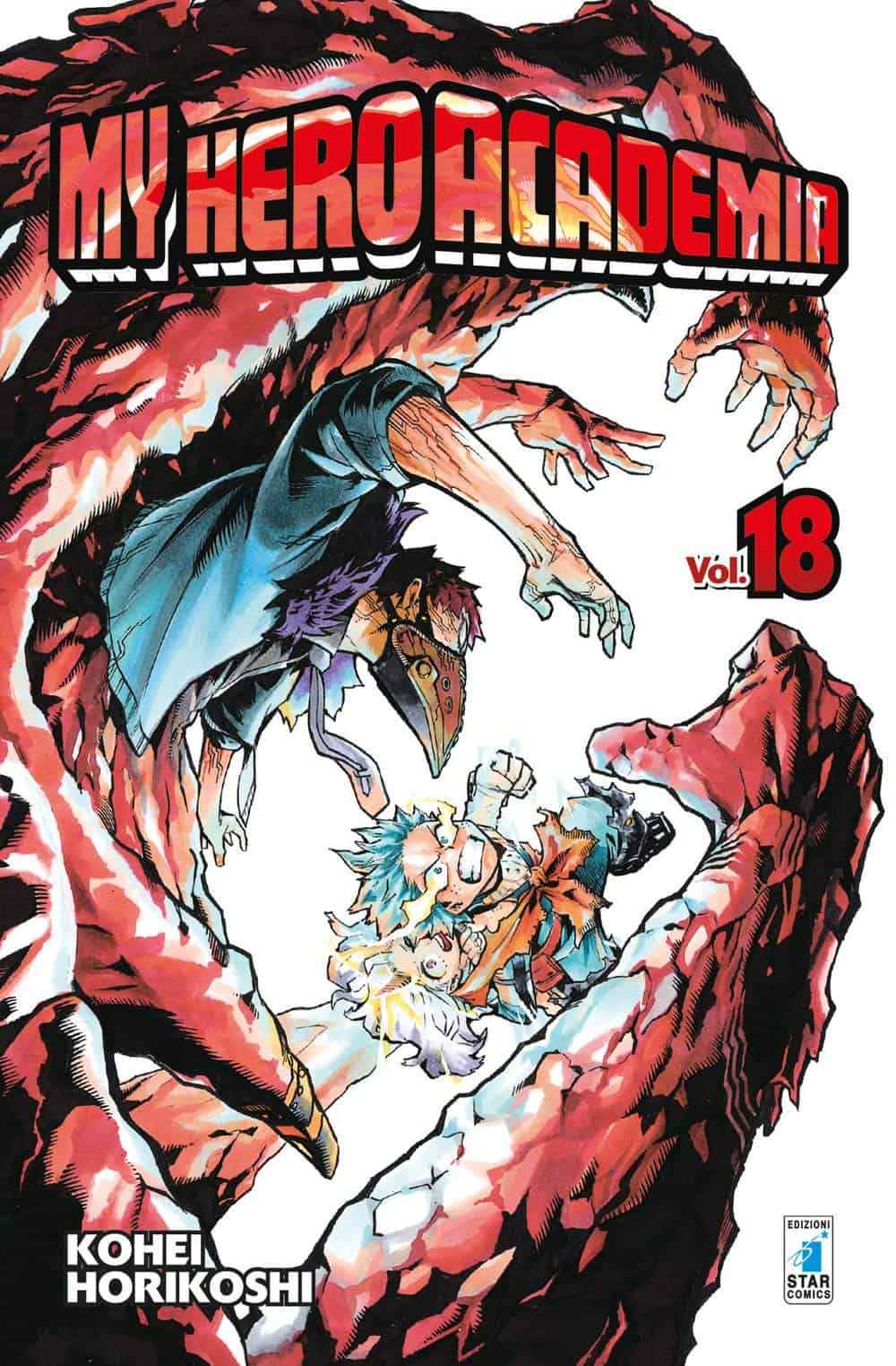 Copertina manga di My Hero Academia vol. 18, con protagonisti che combattono contro un mostro gigantesco.