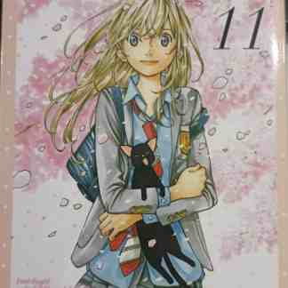 Ragazza in uniforme scolastica con gatto nero, sfondo con petali di ciliegio e stile manga.