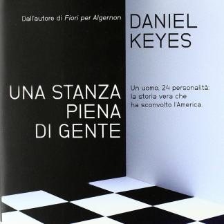 Alt: Copertina del libro "Una stanza piena di gente" di Daniel Keyes, con pavimento a scacchi bianco e nero.