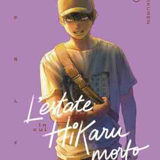 Ragazzo manga in copertina, abbigliamento casual estivo, stile emotivo, con sfondo viola, titolo manga "L’estate in cui Hikaru è morto".