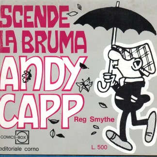 Illustrativo fumetto di Andy Capp, personaggio con ombrello nero, stile comics italiano.