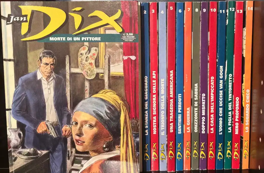 Illustrazione di copertina di un personaggio femminile e un uomo con pistola, collezione di libri di fumetti Dix.