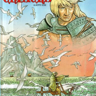 Pannello di fumetti con personaggio sul mare e oche.