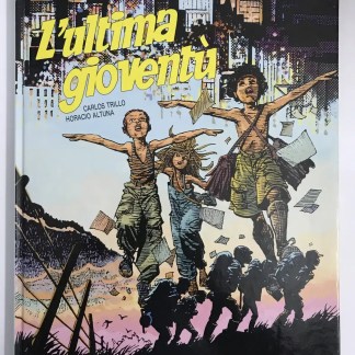 Immagine di un fumetto con giovani che corrono con braccia aperte, libro in mano, tra un paesaggio urbano e natura.