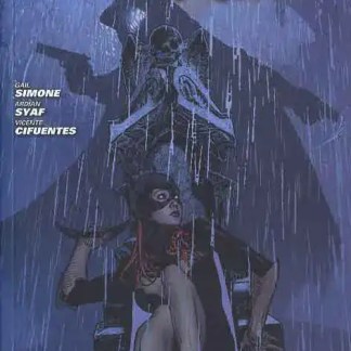 Iconico comic di Batgirl con atmosfera cupa sotto la pioggia intensa.