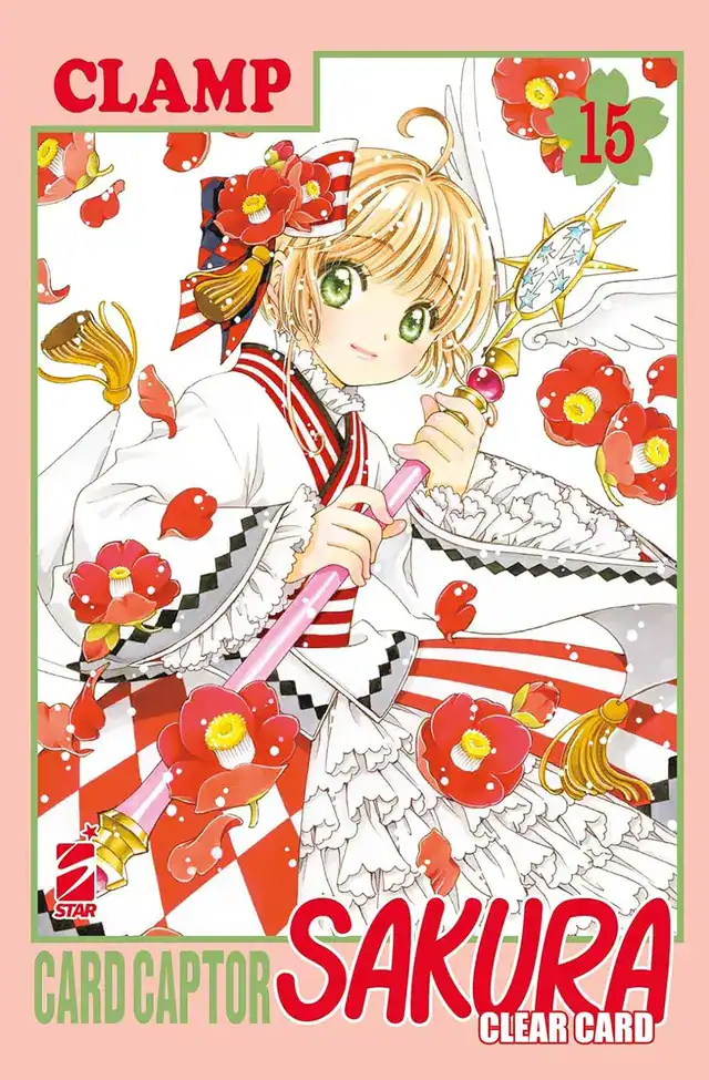 Carta da gioco con illustration di Sakura nella serie Clamp, stile magico e colorato.