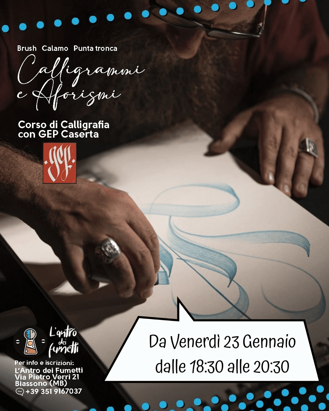 Corso di calligrafia con GEP Caserta, tecniche di lettering e penne punta tronca.
