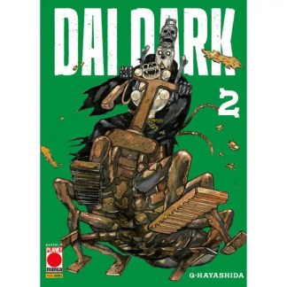 Cavaliere scheletro su moto a forma di insetto con sfondo verde, copertina manga Dark 2.