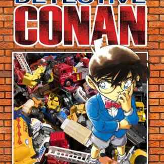 Illustratione di Detective Conan con giocattoli e armi da supereroe in sfondo di mattoni rossi.