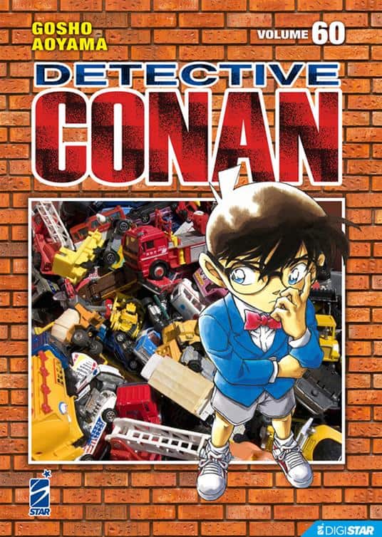 Illustratione di Detective Conan con giocattoli e armi da supereroe in sfondo di mattoni rossi.