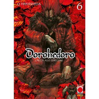 Mostro Tordadoro coperto di foglie rosse, copricapo e abbigliamento in stile fantasy, in una scena dell'album a fumetti.