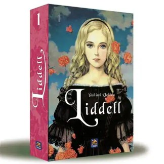 Ragazza dai capelli biondi e fiori rosa, copertina di manga "Liddell" di Yoshimi Uchida, illustrata da Hikari.