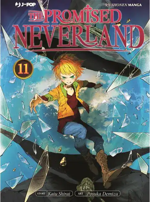 Copertina manga The Promised Neverland, giovane protagonista con capelli biondi, in azione tra vetri rotti.