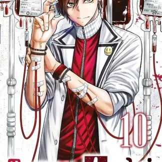 Giovane medico con siringa, ambientazione sanguinolenta e misteriosa.