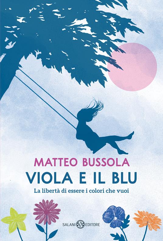 Sillhouette di bambina su altalena sotto albero e luna rosa, copertina del libro di Matteo Bussola.