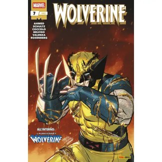 Supereroe Wolverine, X-Men, costume giallo e nero, arti affilati, scena intensa e dinamica.