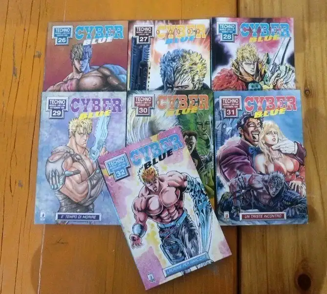 Alt: Copertine di fumetti Cyber Blue, collezione di graphic novel di robot e tecnologie futuristiche.