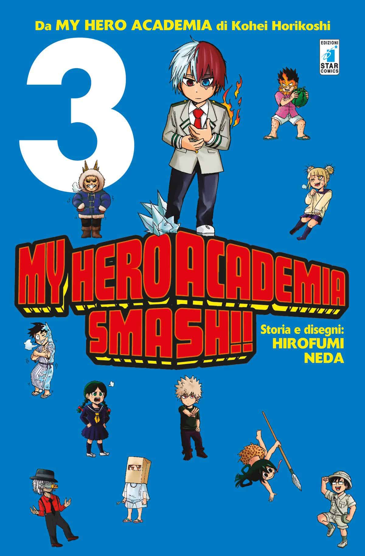 Fumetti manga di Kohei Horikoshi, personaggi principali in copertina, illustrazione colorata.