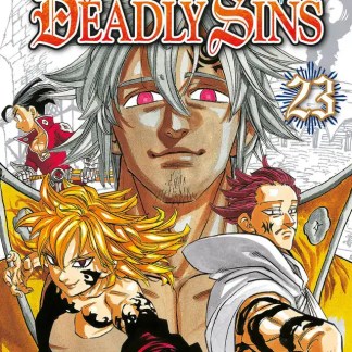Immagine promozionale del manga "The Seven Deadly Sins" con protagonisti e dettagli colorati.