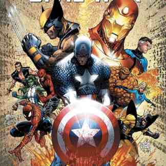I eroi Marvel combattono in questo fumetto Marvel di supereroi, con Captain America, Iron Man e Wolverine.