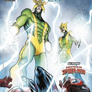 Veleno e Spider-Man in lotta con scariche elettriche e azione intensa.