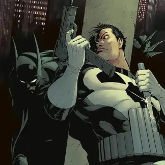 Illustrazione di Batman e Deadpool con pistola e katana in ambientazione urbana notturna.