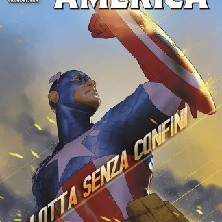 Vignetta di Captain America con lo scudo e il costume con dettagli realisti.