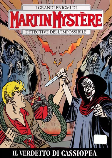 Copertina fumetto Martin Mystère con eroe e villain in battaglia.