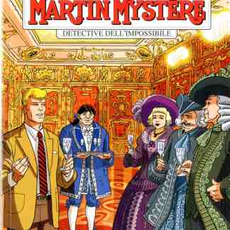 Immagine del fumetto Martin Mystère, scena con personaggi in abiti d'epoca in un ambiente elegante, tema investigativo, detective, enigma.