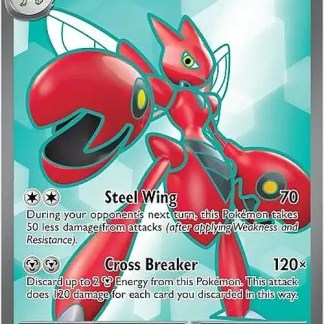 Carta Pokémon Scizor EX con artwork dinamico e dettagliato, potenza HP 270 e attacchi speciali Steel Wing e Cross Breaker.
