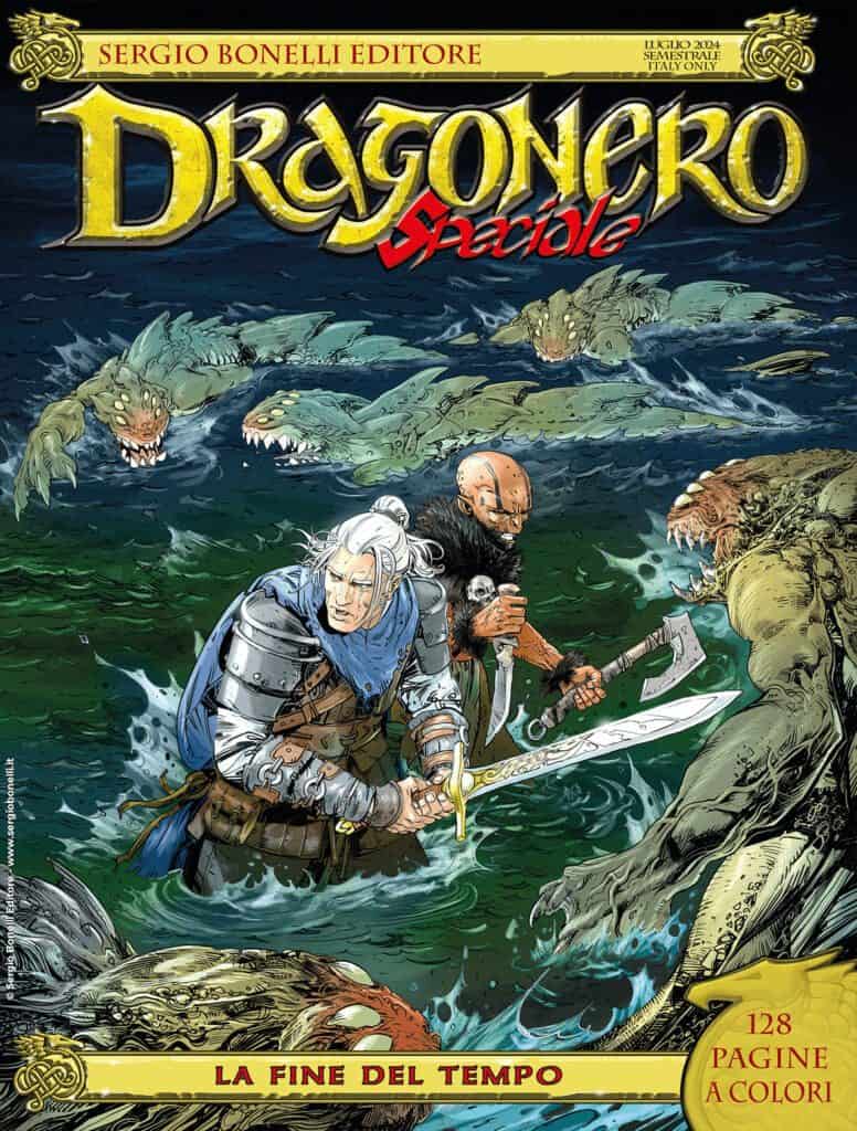 Illustrazione copertina di Dragonero speciale, eroi combattono mostri marini in battaglia epica.