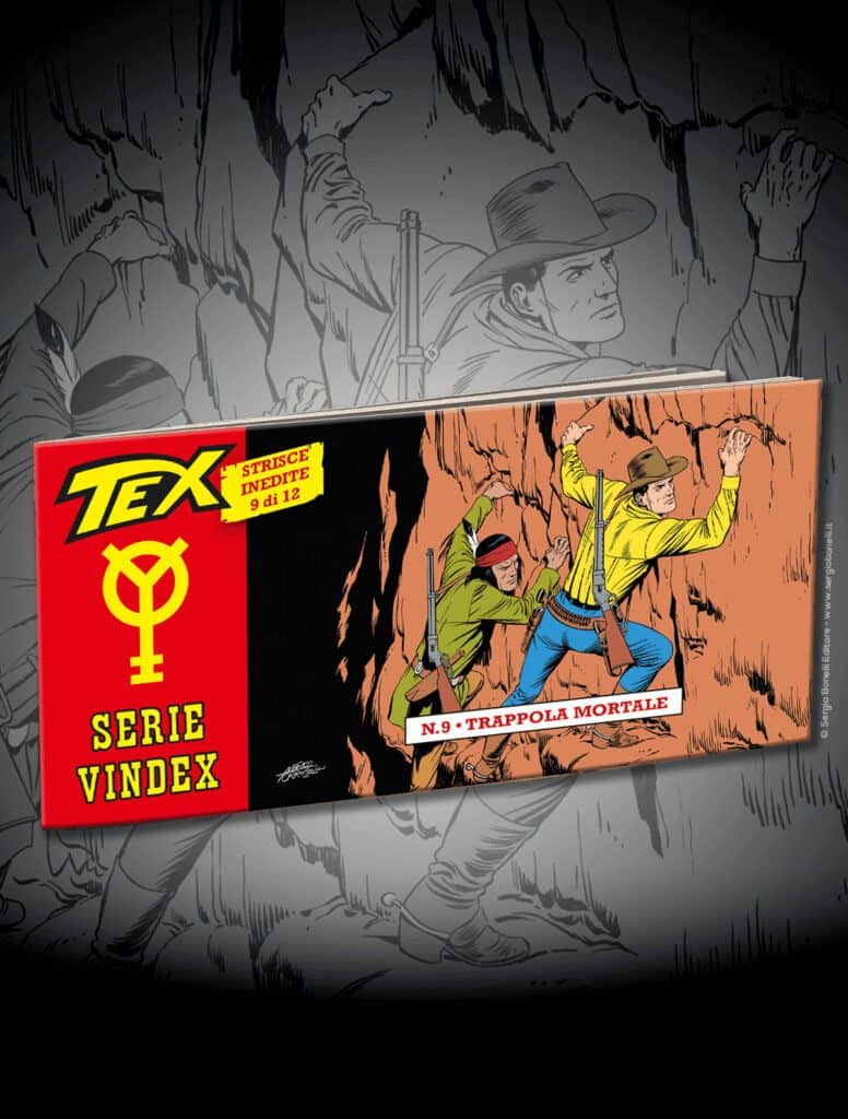 Fianco a fianco in una scena di fumetti Tex, guerrieri in combattimento tra le montagne.