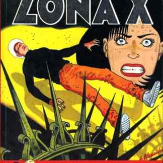 Pittura dettagliata di Zonax, il protagonista di fumetti, in azione con sfondo dinamico.