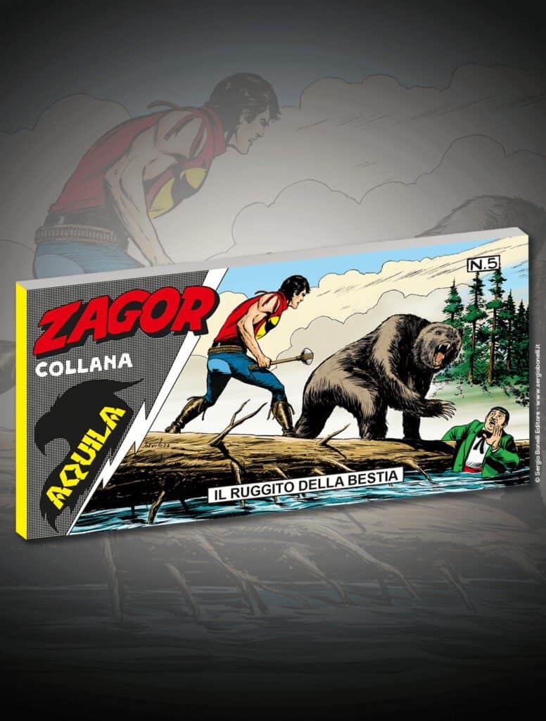 Copertina di Zagor, il famoso fumetto d'avventura e azione, con protagonista e orso in battaglia.