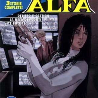 Dettaglio di copertina di Agenzia Alfa con personaggio femminile armato.