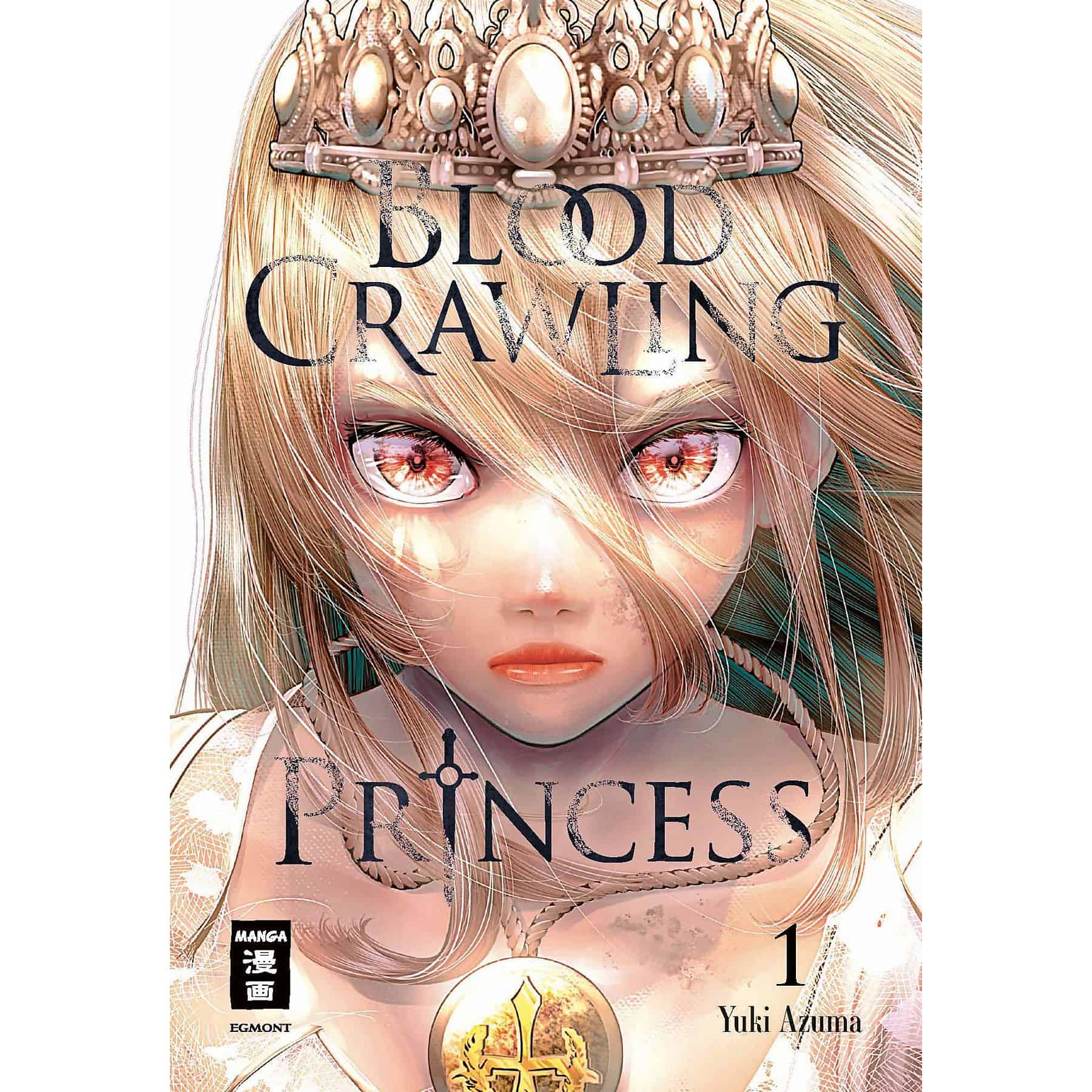 Alt text: Copertina manga "Blood Crown Princess" con ragazza con occhi rossi e coroncina dorata.