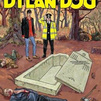 Uneale scena di Dylan Dog tra protagonista e poliziotto in un bosco con tombe e cadaveri.