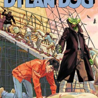 Un'immagine iconica di Dylan Dog in un contesto di lavoro forzato, con un villain inquietante in un'ambientazione urbana.