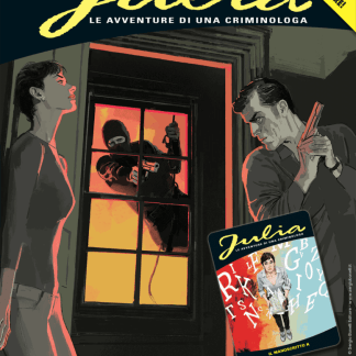 Copertina fumetto Julia, avventure di una criminiologa, scena di tensione con rapina e investigazione.