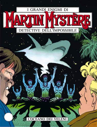 Alt: Copertina di un fumetto Martin Mystere con squalo e personaggi misteriosi sott'acqua.