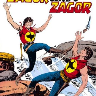 Una scena iconica di Zagor che combatte contro sé stesso in un'avventura avventurosa su un fiume.