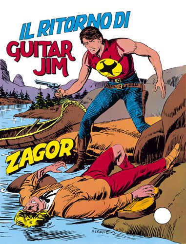 Immagine di Guitar Jim e Zagor in una scena d'azione su un fiume, stile fumetto classico italiano.