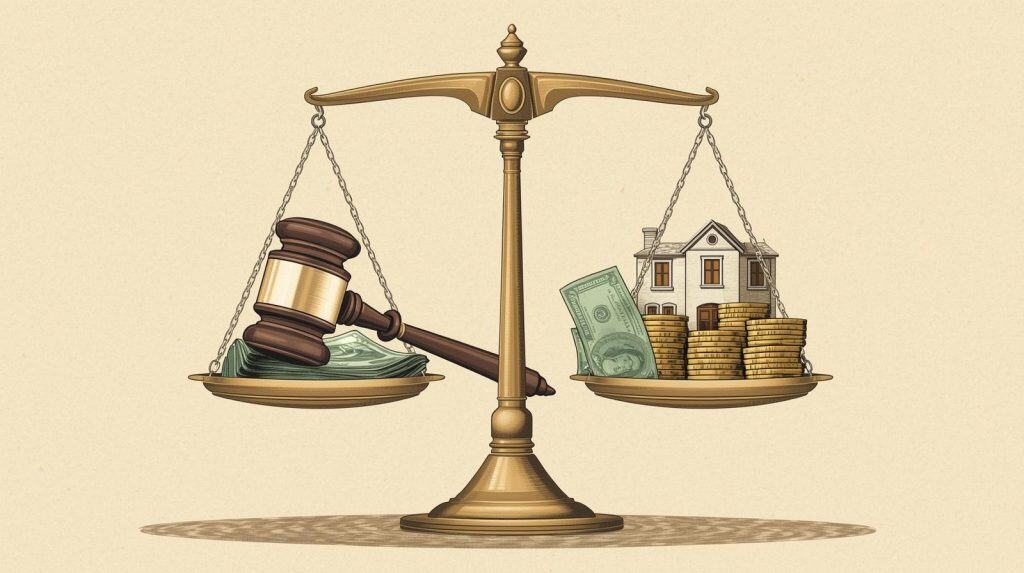 Real Estate Attorney Cost Explained: Maximize Your Investment 2 Real Estate Attorney Cost — balancing legal fees, property value, and investments with scales of justice representing financial fairness in real estate law.
