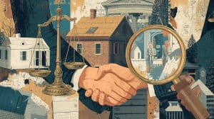 Handshake between client and real estate attorney with scales of justice and houses in the background, symbolizing legal guidance on when to hire a real estate attorney.