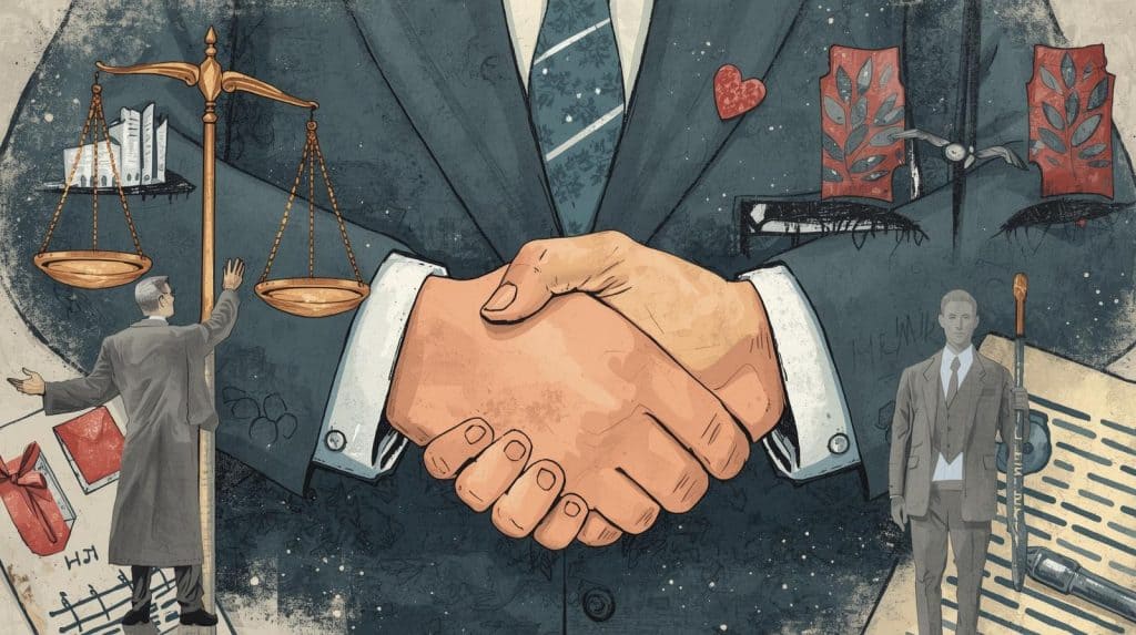 Illustration of a handshake between two people symbolizing trust in legal services, with a scale of justice and legal documents in the background — representing the attorney-client relationship in estate law.