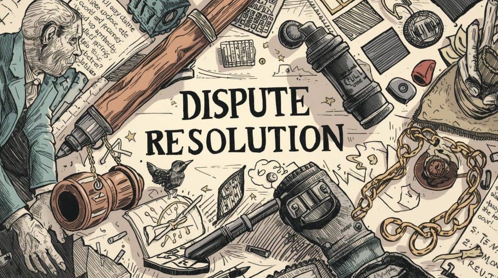 Illustration highlighting the importance of an estate attorney in resolving legal disputes, showing a gavel, scales of justice, legal papers, and contract documents surrounding the phrase “Dispute Resolution.