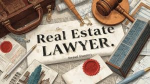 Real estate lawyer free consultation concept showing legal documents, gavel, and building blueprints symbolizing accessible legal advice for property transactions.